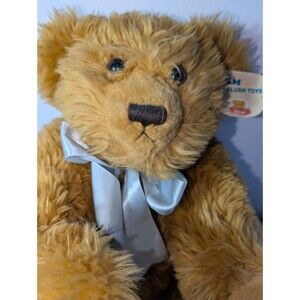 SKM Plush Toys 18” Brown Teddy Bear w/ Blue Ribbon Vintage Style Stuffed Animal